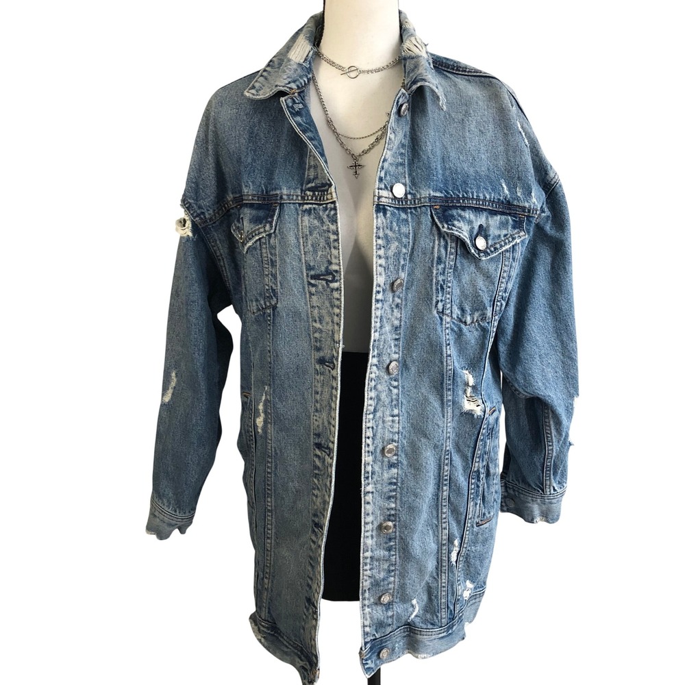 American Eagle Distressed Oversized Denim Jacket Womens S Longline Medium Wash